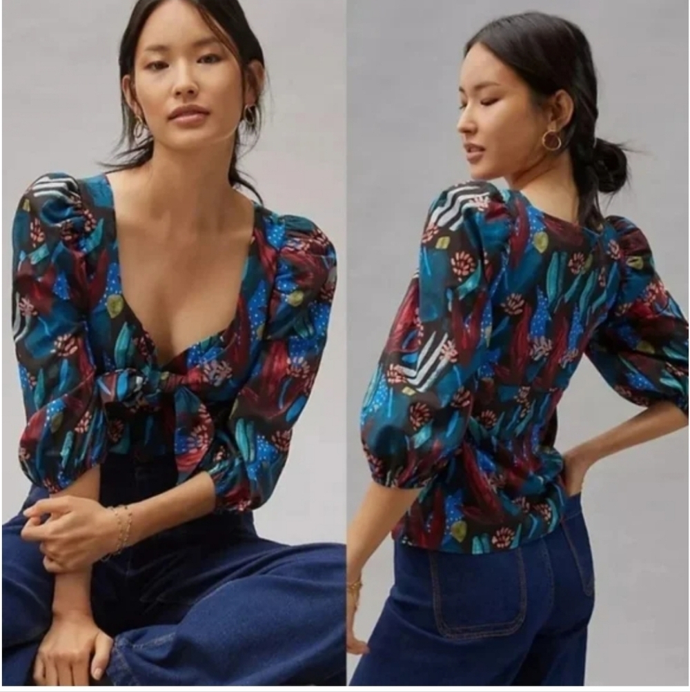 Eva Franco Anthropologie Sweetheart Neckline Floral Puff Sleeve Top Sz 4